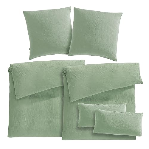 Pure Label Musselin Bettwäsche 155x220 6teilig bestehend aus Bettbezug 155 x 220 2er Set + 80x80 Kissenbezug 2er Set + 40x80 Kissenbezug 2er Set aus Baumwolle - Weiche Bettwäsche in grün Pure Label Musselin Bettwäsche 155x220 6teilig bestehend aus Bettbezug 155 x 220 2er Set + 80x80 Kissenbezug 2er Set + 40x80 Kissenbezug 2er Set aus Baumwolle - Weiche Bettwäsche in grün von Pure Label
