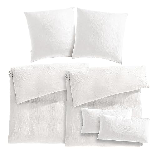 Pure Label Musselin Bettwäsche 155x220 6teilig bestehend aus Bettbezug 155 x 220 2er Set + 80x80 Kissenbezug 2er Set + 40x80 Kissenbezug 2er Set aus Baumwolle - Weiche Bettwäsche in weiß Pure Label Musselin Bettwäsche 155x220 6teilig bestehend aus Bettbezug 155 x 220 2er Set + 80x80 Kissenbezug 2er Set + 40x80 Kissenbezug 2er Set aus Baumwolle - Weiche Bettwäsche in weiß von Pure Label