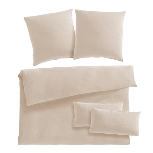 Pure Label Musselin Bettwäsche 200x200 5-teilig bestehend aus einem Bettbezug 200x200 cm, Kissenbezug 80x80 2er Set, 40x80 Kissenbezug 2er Set aus Baumwolle - Kuschelige Bettwäsche in beige von Pure Label