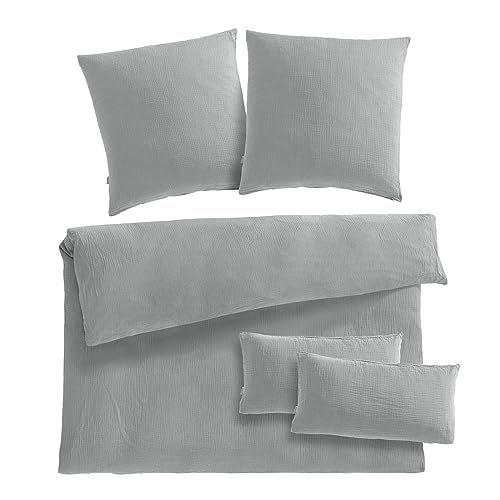 Pure Label Musselin Bettwäsche 200x200 5teilig bestehend aus einem Bettbezug 200x200 cm + Kissenbezug 80x80 2er Set + 40x80 Kissenbezug 2er Set aus Baumwolle - Kuschelige Bettwäsche in grau von Pure Label