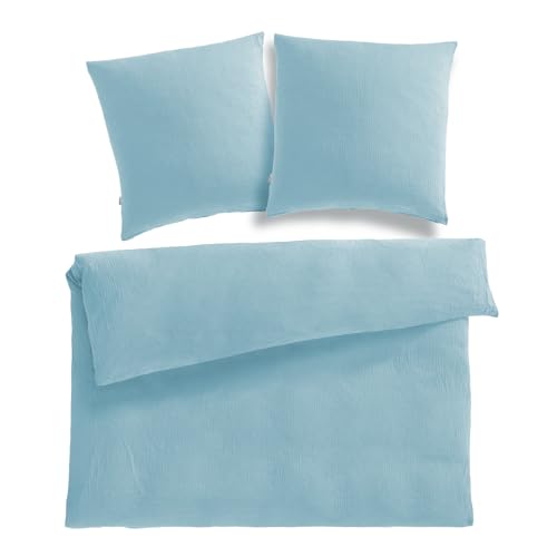 Pure Label Musselin Bettwäsche 200x200 cm mit Kissenbezug 2er Set 80x80 cm aus 100% Baumwolle - Traumhaft weiche, kuschelige Bettwäsche-Sets in blau von Pure Label