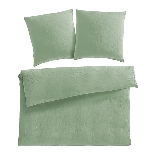 Pure Label Musselin Bettwäsche 200x200 cm mit Kissenbezug 2er Set 80x80 cm aus 100% Baumwolle - Traumhaft weiche, kuschelige Bettwäsche-Sets in grün von Pure Label