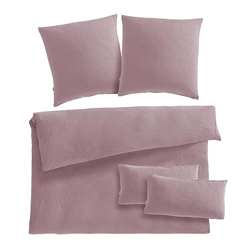 Pure Label Musselin Bettwäsche 200x220 5-teilig bestehend aus einem Bettbezug 200x220 cm, Kissenbezug 80x80 2er Set, 40x80 Kissenbezug 2er Set aus Baumwolle - Kuschelige Bettwäsche in Mauve von Pure Label