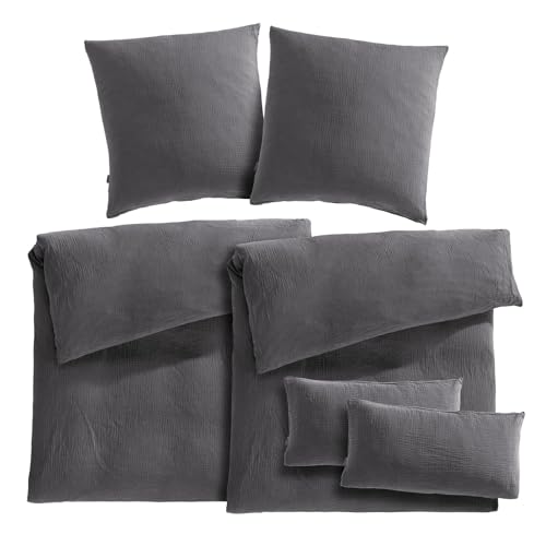 Pure Label Musselin Bettwäsche 200x220 5-teilig bestehend aus einem Bettbezug 200x220 cm, Kissenbezug 80x80 2er Set, 40x80 Kissenbezug 2er Set aus Baumwolle - Kuschelige Bettwäsche in anthrazit von Pure Label