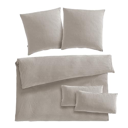 Pure Label Musselin Bettwäsche 200x220 5teilig bestehend aus einem Bettbezug 200x220 cm + Kissenbezug 80x80 2er Set + 40x80 Kissenbezug 2er Set aus Baumwolle - Kuschelige Bettwäsche in Taupe von Pure Label