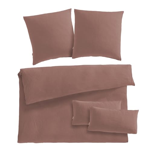 Pure Label Musselin Bettwäsche 200x220 5-teilig bestehend aus einem Bettbezug 200x220 cm, Kissenbezug 80x80 2er Set, 40x80 Kissenbezug 2er Set aus Baumwolle - Kuschelige Bettwäsche in braun von Pure Label