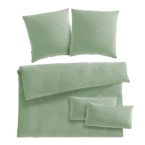Pure Label Musselin Bettwäsche 200x220 5-teilig bestehend aus einem Bettbezug 200x220 cm, Kissenbezug 80x80 2er Set, 40x80 Kissenbezug 2er Set aus Baumwolle - Kuschelige Bettwäsche in grün von Pure Label