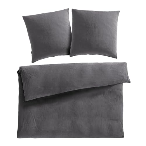 Pure Label Musselin Bettwäsche 200x220 cm mit Kissenbezug 2er Set 80x80 cm aus 100% Baumwolle - Traumhaft weiche, kuschelige Bettwäsche-Sets in anthrazit von Pure Label