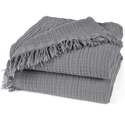 Pure Label Musselin Decke 220x240cm - Oeko-Tex zertifizierte Tagesdecke aus 100% Baumwolle | Musselin Wohn- & Kuscheldecke für Couch und Sofa in XXL | 220 x 240 cm, Farbe der Decke Anthrazit von Pure Label
