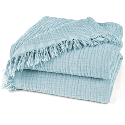 Pure Label Musselin Decke 220x240cm - Oeko-Tex zertifizierte Tagesdecke aus 100% Baumwolle | Musselin Wohn- & Kuscheldecke für Couch und Sofa in XXL | 220 x 240 cm, Farbe der Decke Hellblau von Pure Label