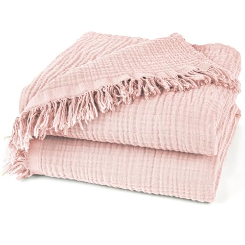 Pure Label Musselin Decke 220x240cm - Oeko-Tex zertifizierte Tagesdecke aus 100% Baumwolle | Musselin Wohn- & Kuscheldecke für Couch und Sofa in XXL | 220 x 240 cm, Farbe der Decke Rosa von Pure Label