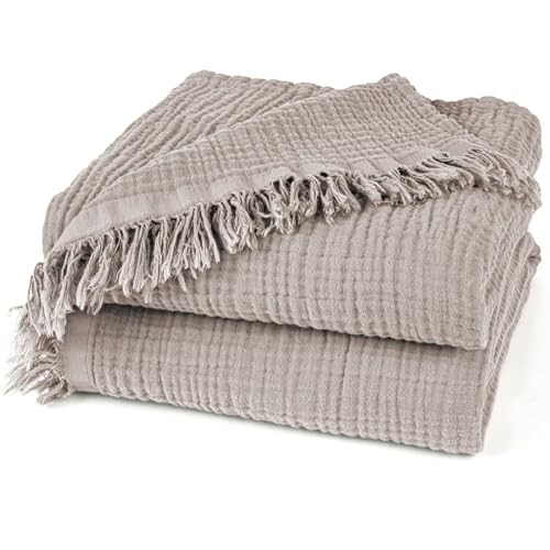 Pure Label Musselin Decke 220x240cm - Oeko-Tex zertifizierte Tagesdecke aus 100% Baumwolle | Musselin Wohn- & Kuscheldecke für Couch und Sofa in XXL | 220 x 240 cm, Farbe der Decke Taupe von Pure Label