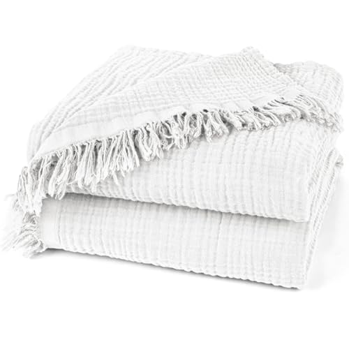 Pure Label Musselin Decke 220x240cm - Oeko-Tex zertifizierte Tagesdecke aus 100% Baumwolle | Musselin Wohn- & Kuscheldecke für Couch und Sofa in XXL | 220 x 240 cm, Farbe der Decke Weiß von Pure Label