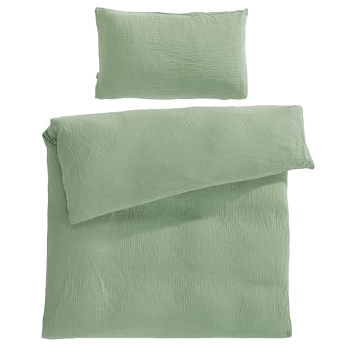 Pure Label Musselin Kinderbettwäsche 100x135 cm mit einem Kissenbezug 40x60 cm aus 100% Baumwolle - Traumhaft weiche, kuschelige Baby Bettwäsche in grün aus Musselin von Pure Label