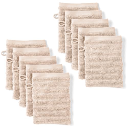 Pure Label Waschlappen - 10er-Pack 16x21cm aus 100% Baumwolle - saugstark, schnelltrockend & weich - Waschhandschuh mit Anhängeschlaufe - Oeko-TEX Zertifiziert - Beige von Pure Label