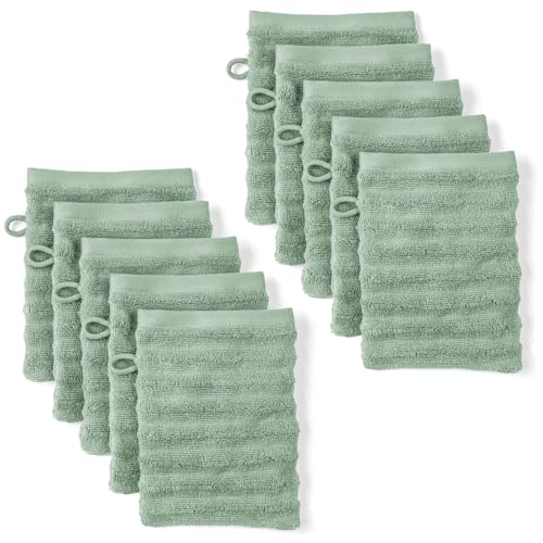 Pure Label Waschlappen - 10er-Pack 16x21cm aus 100% Baumwolle - saugstark, schnelltrockend & weich - Waschhandschuh mit Anhängeschlaufe - Oeko-TEX Zertifiziert - Salbeigrün von Pure Label