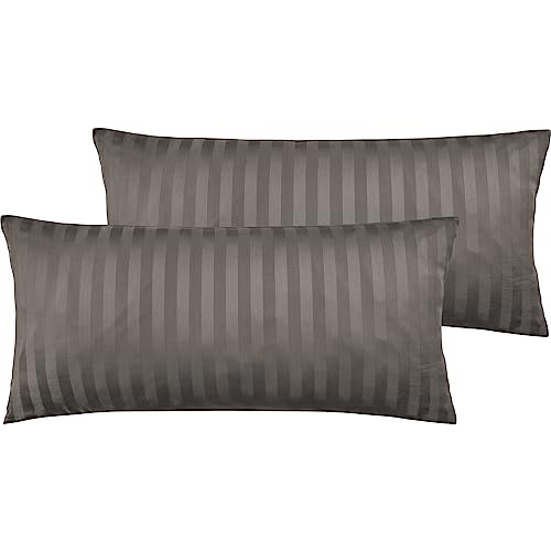 Pure Label 2er Set Mako Satin Damast Streifen Kopfkissenbezüge 40x80 cm aus 100% Baumwolle in Taupe| Traumhaft weiche Kissenbezüge passend zu unseren Bettwäsche Sets von Pure Label
