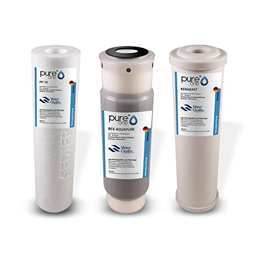 PureOne SEDIBAKT Ersatz-Garnitur Wasserfilter für Wasseraufbereitungsanlage 3-Fach Bakterien u. Keimen. PP Sediment Vorfilter, Aktivkohle-Kartusche, 0,3µm Keramik-Patrone 10 Zoll von Pure One