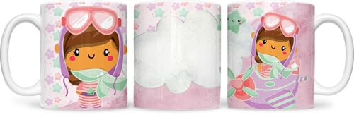 Süße Kinder Tasse 330 ml für Mädchen – Pilotin Design – Weißer Trinkbecher im Cartoon Stil (Pilotin1) von Pure Print Cut
