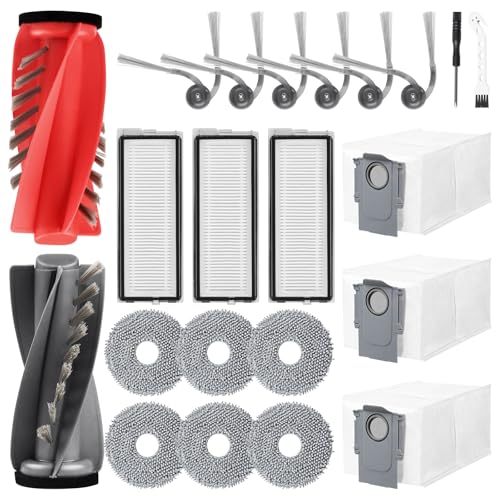 Pure Realm 22 Stück Zubehörset für Roborock Qrevo Curve/Qrevo Curv S5X/Qrevo S5VQrevo Edge Saugroboter, 1 Dual-Hauptbürste,3 HEPA Filter,6 Wischtücher,6 Seitenbürsten,3 Staubbeutel,1 Hakenbürste von Pure Realm