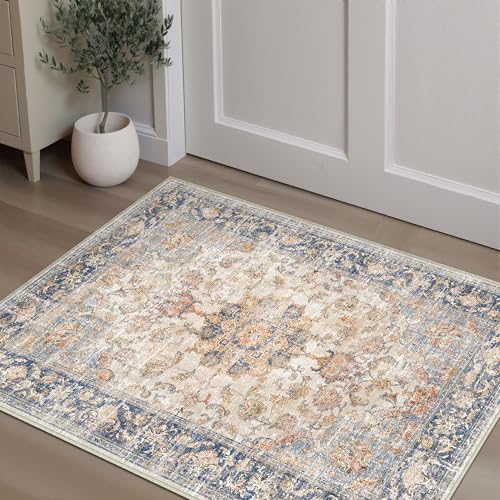 PureCozy FußMatte 60x90 cm Blau-Orange Teppich klein, Waschbar rutschfest Carpet Vintage Kurzflor Retro Rug für Wohnzimmer Schlafzimmer Balkon LäUfer KüChe Esszimmer BüRo Flach von PureCozy
