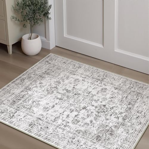 PureCozy FußMatte 60x90 cm Grau Teppich klein, Waschbar rutschfest Carpet Vintage Kurzflor Retro Rug für Wohnzimmer Schlafzimmer Balkon LäUfer KüChe Esszimmer BüRo Flach von PureCozy