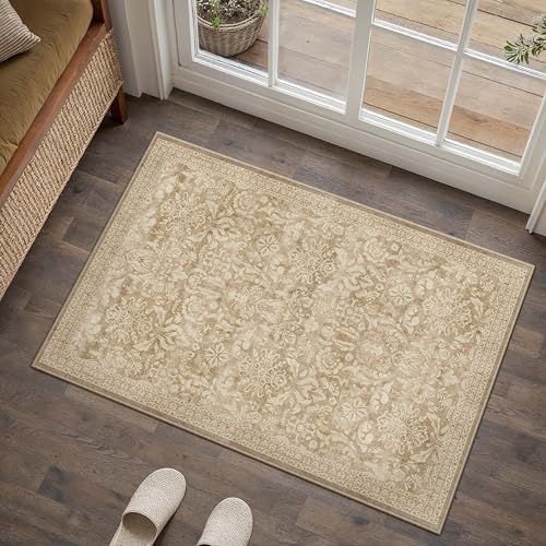 PureCozy Teppich, waschbar, Eingangstürmatte, Vintage-Teppich, für den Innenbereich, rutschfest, klein, niedrig, dünn, für Küche, Badezimmer, hellbraun, Retro-Stil, Überwurf, Eingang, Schlafzimmer PureCozy Teppich, waschbar, Eingangstürmatte, Vintage-Teppich, für den Innenbereich, rutschfest, klein, niedrig, dünn, für Küche, Badezimmer, hellbraun, Retro-Stil, Überwurf, Eingang, Schlafzimmer von PureCozy