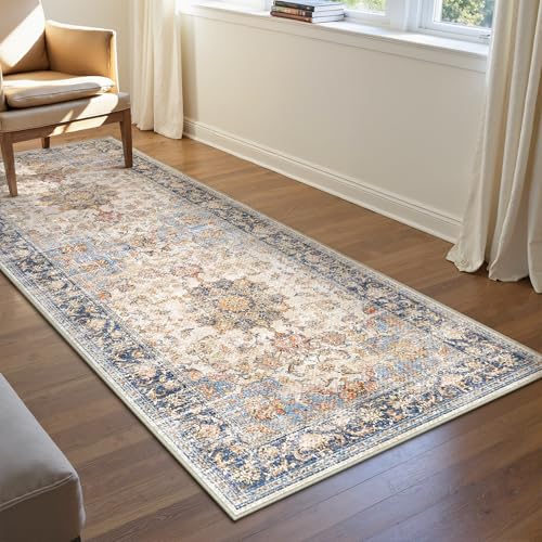 PureCozy Teppich Läufer Flur 60x180cm Waschbar Vintage KüChenläUfer Schlafzimmer Wohnzimmer Teppiche Kurzflor Weich rutschfest Bettvorleger Teppichläufer Esszimmer Carpet (Blau-Orange) von PureCozy