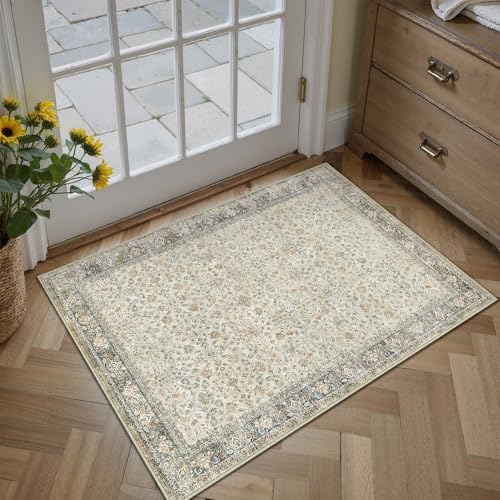 PureCozy Vintage FußMatte Beige Grau Teppich 60x90cm Waschbar rutschfest klein Teppiche Kurzflor Retro Carpet für Wohnzimmer Schlafzimmer Balkon LäUfer KüChe Esszimmer von PureCozy