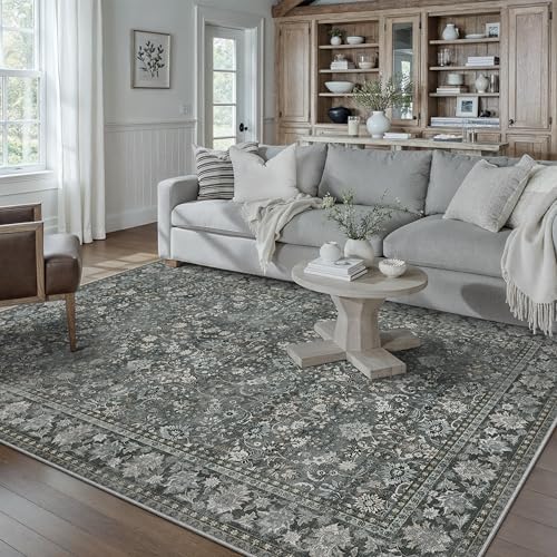 PureCozy Vintage Grau Teppich 150x210 cm Schlafzimmer, Teppiche Waschbar rutschfest für Wohnzimmer Balkon LäUfer KüChe Esszimmer BüRo Flach, Indoor Modern Weicher Kurzflor Carpet von PureCozy