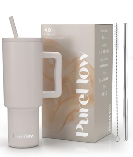 PureFlow Becher mit Strohhalm und Deckel, Premium-Griff, umweltfreundlich, wiederverwendbar, isoliert, für Eiskaffee, keine Einweg-Plastikbecher oder -gläser, isolierter Becher (Mandelbirke) von PureFlow