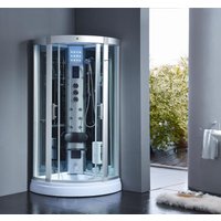 Dampfdusche 95x95 cm mit LED-Sternenhimmel Regenfalldusche 6 Massagedüsen Tropenbrause Sitzfläche Radio Ozondesinfektion Silberfarben/Weiß von PureHaven