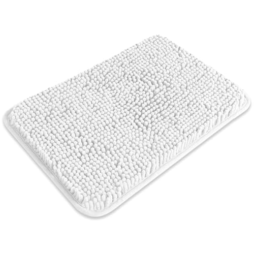 PureSwan Kleiner Badezimmerteppich, 30,5 x 45,7 cm, waschbare und saugfähige Badematte, rutschfest, dicke, weiche Chenille-Badteppiche für Badezimmer, Dusche, Waschbecken, Hundematte (weiß) von PureSwan