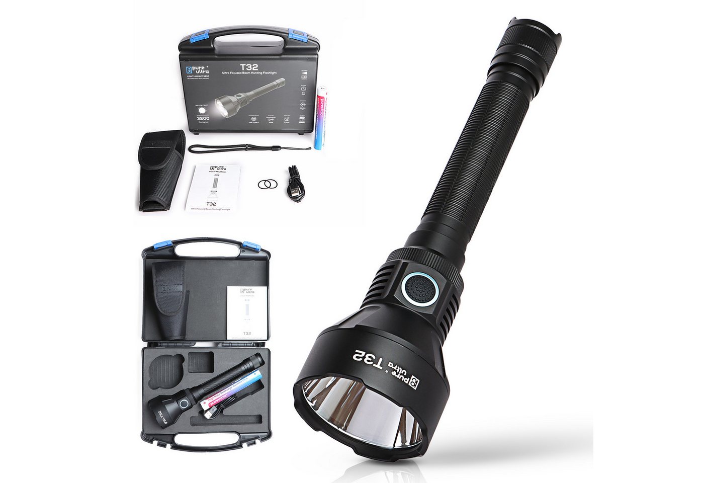PureUltra LED Taschenlampe T32 (Basic-Kit), 3200 Lm fokussierter Beam · 1150 m Reichweite · RGB Filter · IP68 von PureUltra