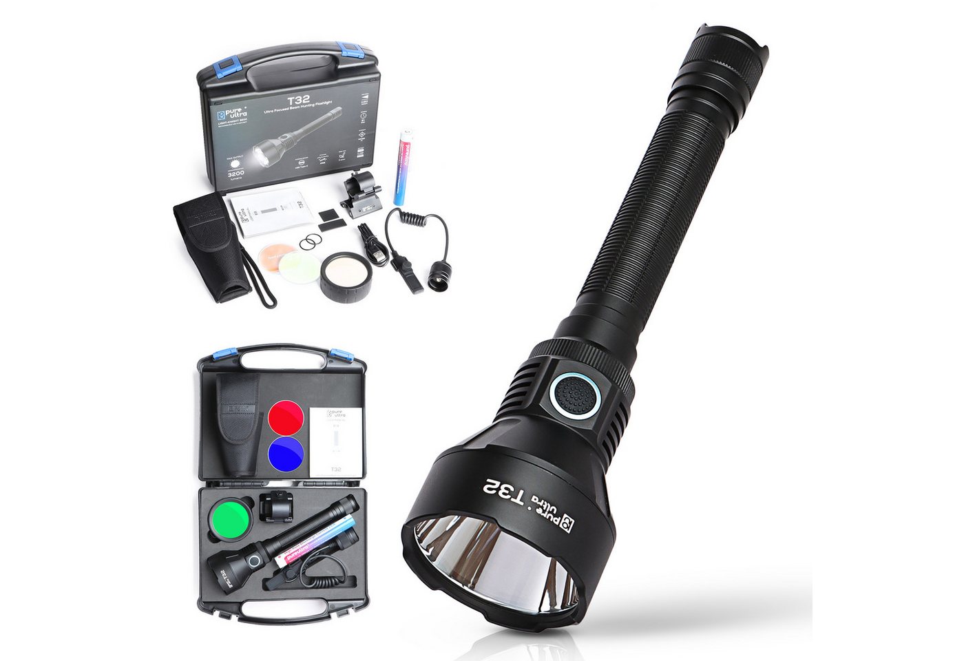 PureUltra LED Taschenlampe T32 (Full-Kit), 3200 Lm fokussierter Beam · 1150 m Reichweite · RGB Filter · IP68 von PureUltra