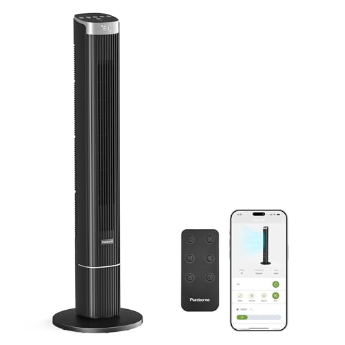 Pureborne 102CM Smart Tower Ventilator mit Fernbedienung & App Steuerung, Ultra Leiser Blätterloser Ventilator, 4 Stufen & 4 Modi, 12h Timer Platzsparendes Design für Schlafzimmer (Schwarz) von Pureborne