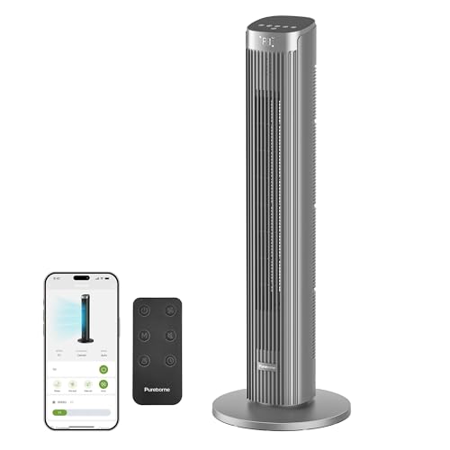 Pureborne 91CM Leiser Ventilator, 90° Oszillation Turmventilator, Standventilator mit Fernbedienung & WLAN, 4 Stufen & 4 Modi, 12H Timer Turmventilatoren für Schlafzimmer, Grey von Pureborne