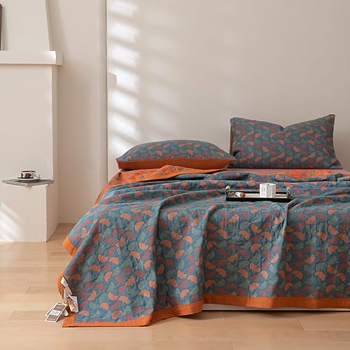 Purefair 100 % Baumwoll-Musselin-Decke, Jacquard-Blumenmuster, Ginkgo-Blätter, Steppdecke, weicher Bettbezug, 3-lagig, wendbar, Tagesdecke, atmungsaktiv, leicht, für Kingsize-Bett (248,9 x 238,8 cm) von Purefair