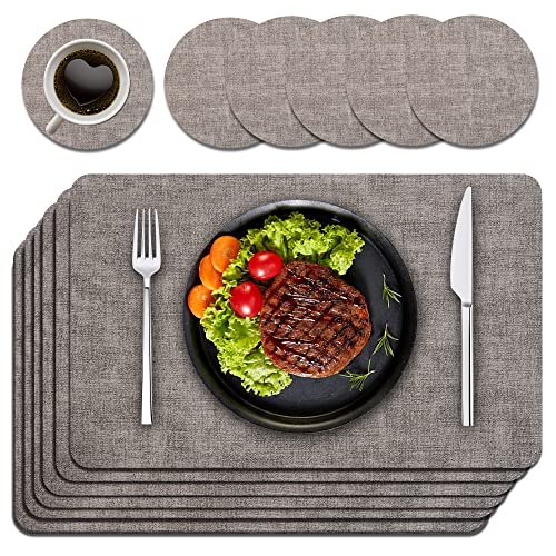 Purejoy Platzsets Abwaschbar 6er Set, Platzdeckchen Abwaschbar Grau, rutschfest Hitzebeständig PU LederTischsets und Untersetzer, für Hause, Küchen, Esstisch 43x30 cm von Purejoy
