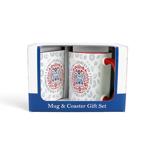 Purely Home Geschenkset mit Tasse und Untersetzer, Motiv: Krönung – Weiß und Rot, offizielles Emblem für Kaffee/Tee, Sammlerstück, Geschenk-Set von Purely Home