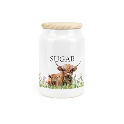 Purely Home Highland Cow Keramik-Zuckerdose – Mama & Kalb, Bauernhof, Küche, Lebensmittelbehälter und Holzdeckel, 600 ml (14,5 x 9,5 cm) von Purely Home