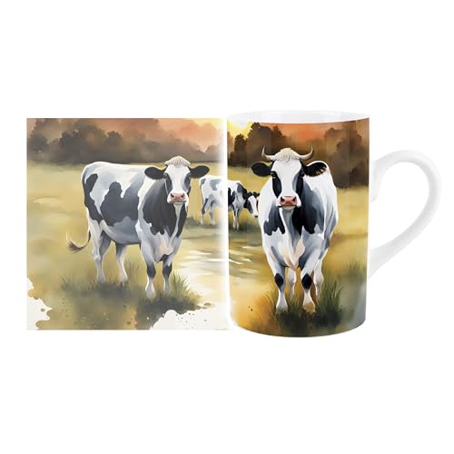 Purely Home Keramiktasse mit Kühen und Tiermotiven, Motiv: Tiere auf dem Land – für Tee, Kaffee, Heißgetränke, Geschenk von Purely Home