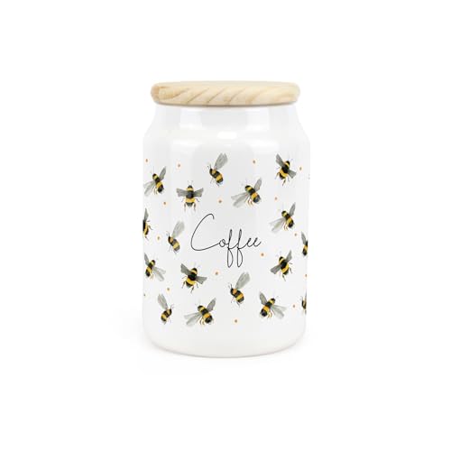 Purely Home Scattered Bees Keramik-Kaffee-Vorratsdose – Bumblebee Keramik Küche Lebensmittelbehälter & Holzdeckel 600 ml (14,5 cm x 9,5 cm) von Purely Home