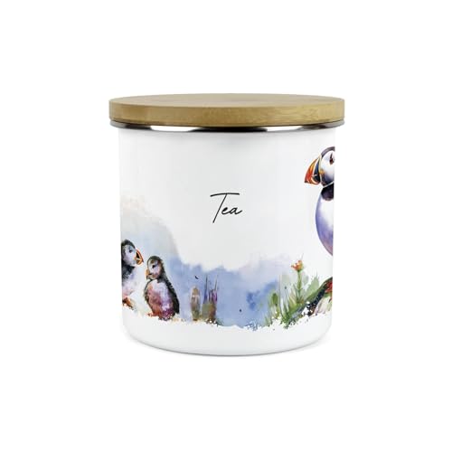 Tee-Aufbewahrungsdose mit Papageientaucher-Motiv auf den Felsen, Küstenmeervögel, Haushaltswaren, Geschenke – Tee/Kaffee/Zucker, Metall-Emaille, für heiße Getränke von Purely Home