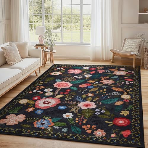 Puremy Waschbarer Teppich Wohnzimmer, Retro Floral Design, kuscheliger Kurzflor, Groß Teppiche Schlafzimmer rutschfest Weiche für Badezimmer Esszimmer, 140x200cm, Schwarz von Puremy