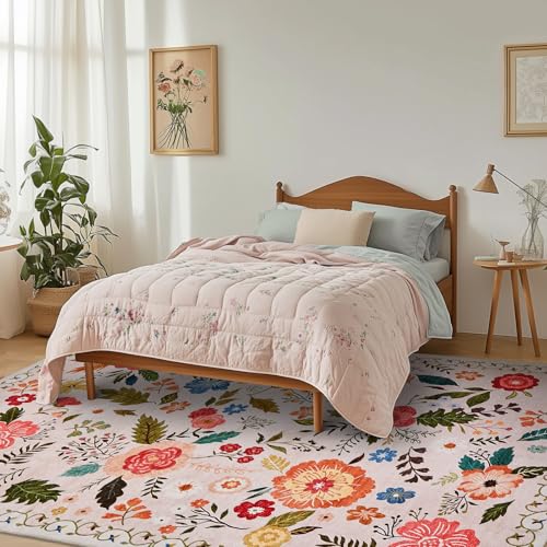 Puremy Waschbarer Teppich Wohnzimmer, Retro Floral Design, kuscheliger Kurzflor, Groß Teppiche Schlafzimmer rutschfest Weiche für Badezimmer Esszimmer, 200x280cm, Beige Rosa von Puremy