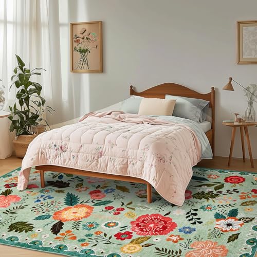 Puremy Waschbarer Teppich Wohnzimmer, Retro Floral Design, kuscheliger Kurzflor, Groß Teppiche Schlafzimmer rutschfest Weiche für Badezimmer Esszimmer, 200x280cm, Grün von Puremy