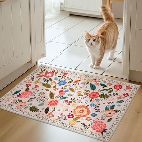 Puremy Schmutzfangmatte Innen, Waschbarer Fussmatte, Blumenmuster, Vintage Teppiche, Niedriger Flor, rutschfest, Weiche, Eingangstürmatte für Flur Eingangsbereich Küche, 66x100cm, Beige von Puremy