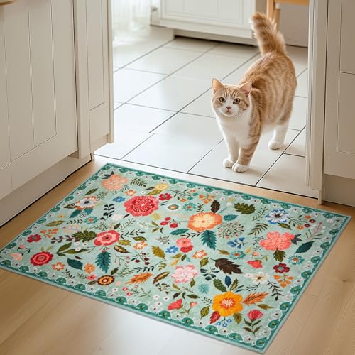 Puremy Schmutzfangmatte Innen, Waschbarer Fussmatte, Blumenmuster, Vintage Teppiche, Niedriger Flor, rutschfest, Weiche, Eingangstürmatte für Flur Eingangsbereich Küche, 66x100cm, Grün von Puremy