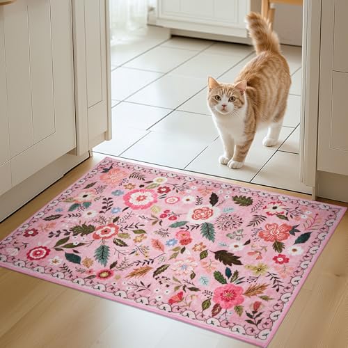 Puremy Schmutzfangmatte Innen, Waschbarer Fussmatte, Blumenmuster, Vintage Teppiche, Niedriger Flor, rutschfest, Weiche, Eingangstürmatte für Flur Eingangsbereich Küche, 66x100cm, Rosa von Puremy